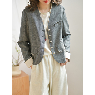 GESGOO法式真丝短款外套女早春时尚v领小香风西装上衣格雷系穿搭