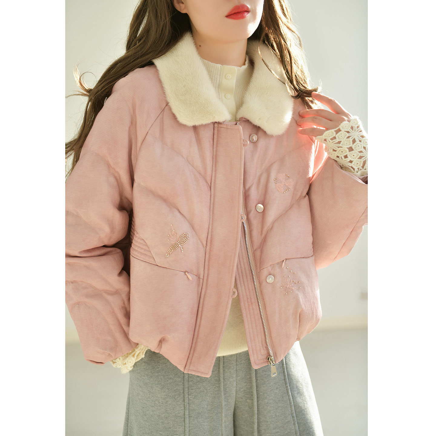 GESGOO气质通勤温柔粉色羽绒服