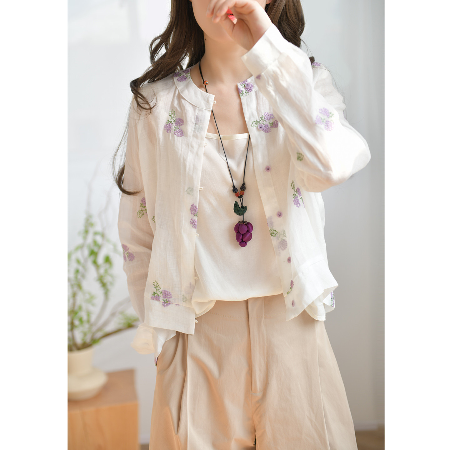 GESGOO清凉薄款透气100支苎麻衬衫女气质文艺圆领小开衫外套上衣