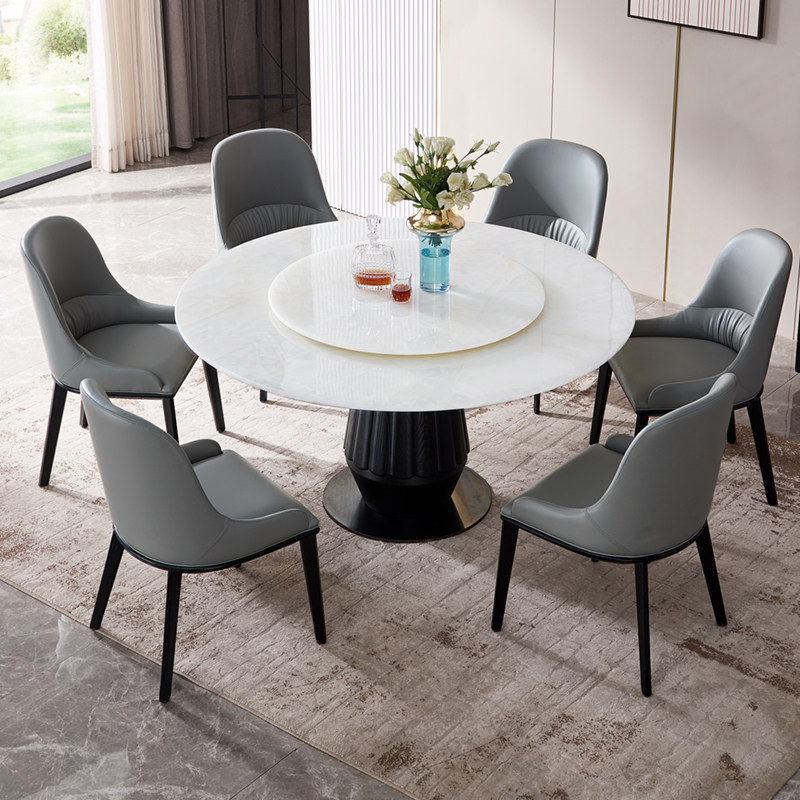 新款新款A级玉石餐桌圆桌大冰花纯天然大理石餐桌椅组合别墅圆桌