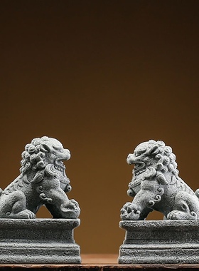 新中式石狮子清水混凝土装饰摆件中国风桌面创意鱼缸盆景造景摆设