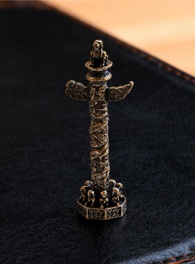 纯黄铜复古华表柱小摆件中华柱龙柱黄铜办公室桌面手把件家居饰品