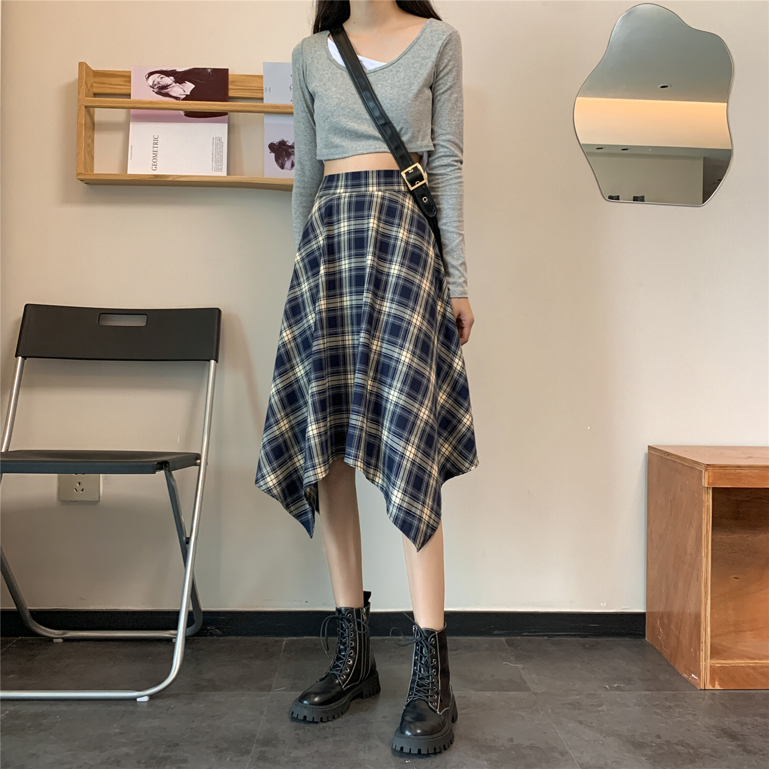 Real price irregular high waist plaid skirt