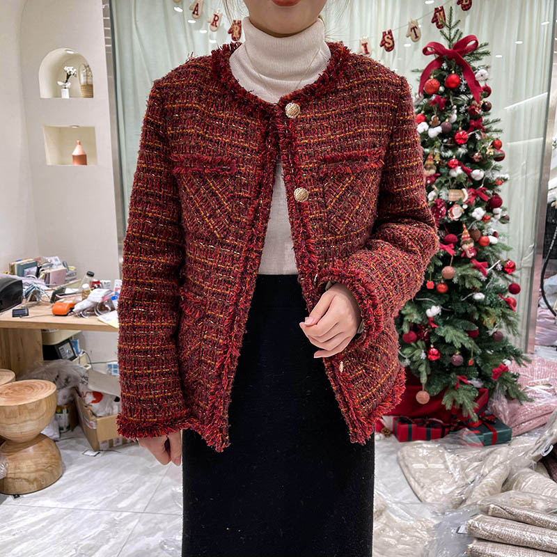 2024冬新款90白鸭绒羽绒服女小香风秋冬宽松红色气质加厚短外套