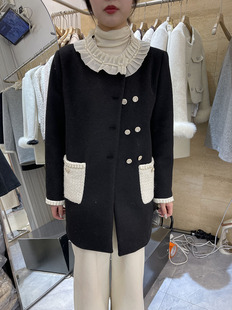 花边立领羽绒中长款呢子外套女冬季休闲时尚直筒显瘦小香风大衣