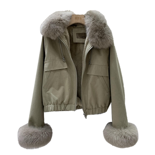 狐狸真毛派克服外套高腰短款2025冬季 獭兔毛加绒女保暖小个子