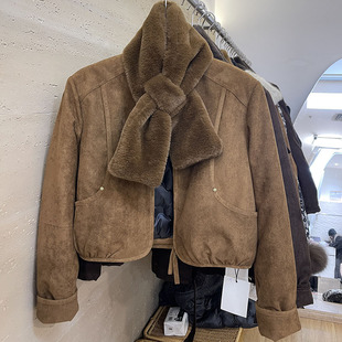 时尚 百搭麂皮绒羽绒内胆白鸭绒短外套女围脖夹克秋冬保暖加厚