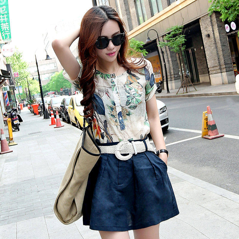 棉麻短袖上衣女夏新 单件 裤裙 防走光 时尚套装2025夏