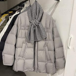 韩式 泡芙秋冬90白鸭绒面包服高级感外套 针织围脖羽绒服女中长款