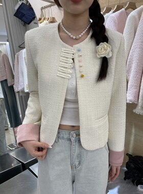 新中式女装2026春款精致拼接盘扣宽松白色小香风短外套女袖口撞色