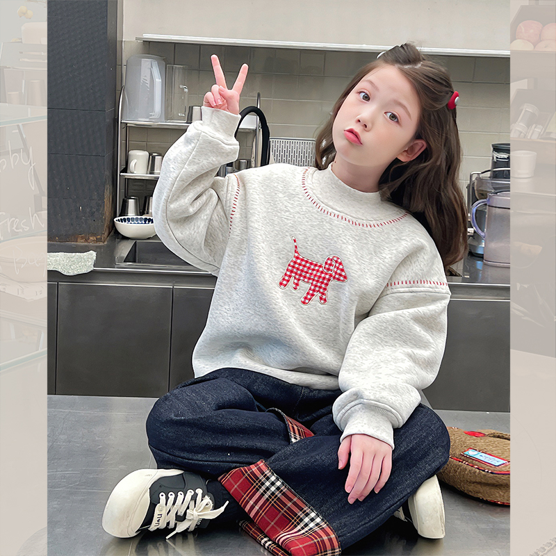 一体绒加厚女童高领洋气宽松卫衣儿童韩版上衣大童2025冬装新款