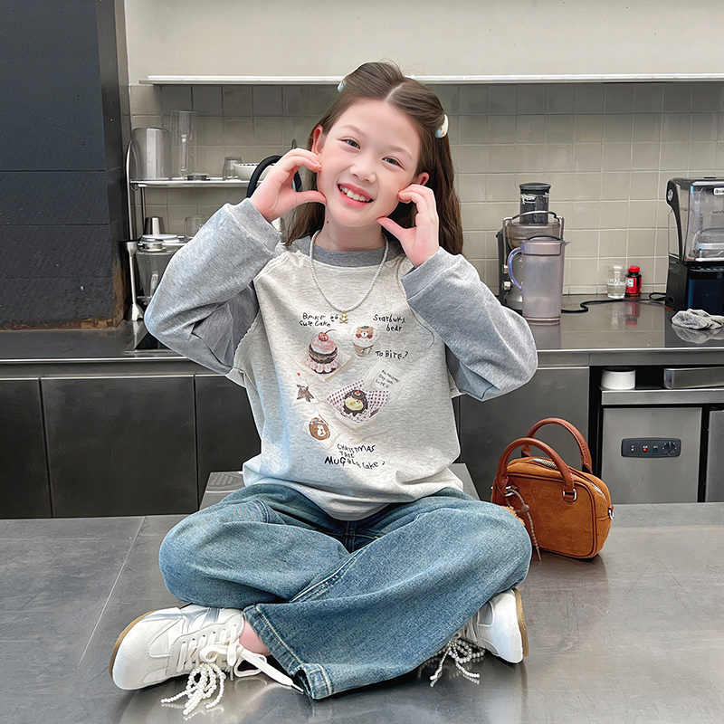 女童插肩袖蕾丝拼接卫衣女童洋气长袖t恤大童上衣2025春秋装新款