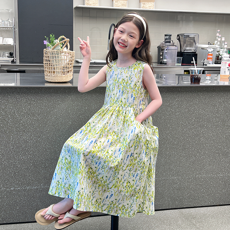 女童碎花背心裙子儿童洋气公主长裙大童装连衣裙女孩2025夏装新款