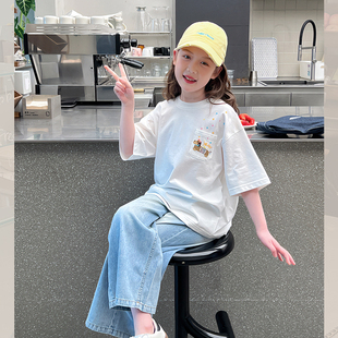 新款 大童甜美白t恤女童洋气韩版 2025夏装 上衣大童装 百搭落肩短袖