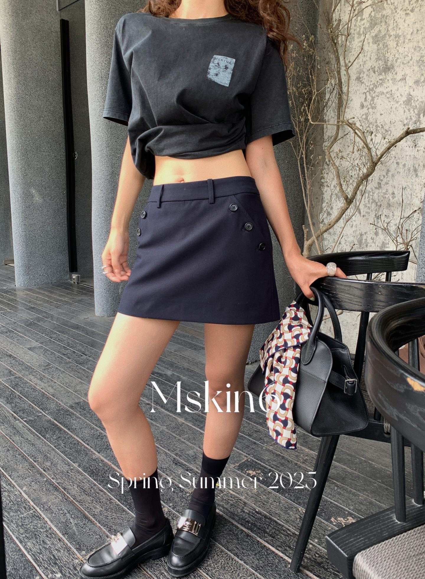 MsKin6美式复古拼接半身裙女夏高腰显瘦A字裙百搭短裙