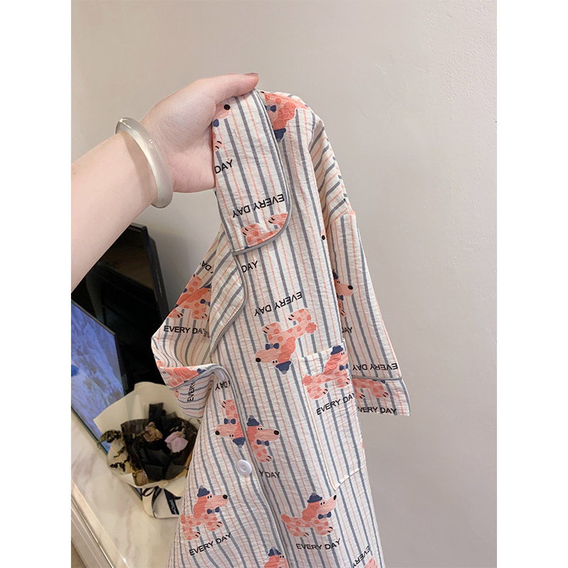 韩版卡通条纹小狗夏季睡衣女款可爱短袖短裤可外穿家居服套装夏天