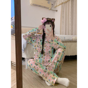 可爱卡通米奇睡衣女春秋长袖开衫长裤多巴胺穿搭家居服套装可外穿