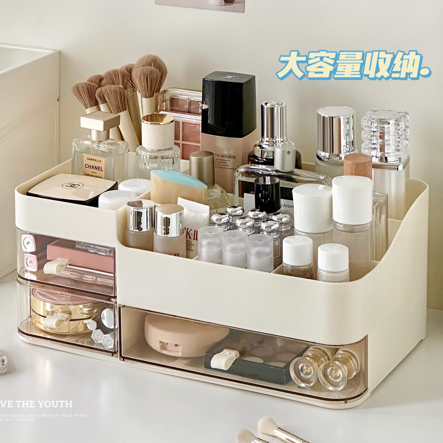 化妆品收纳盒台面收纳架带镜子口红眉笔整理箱大容量护肤品置物架图片