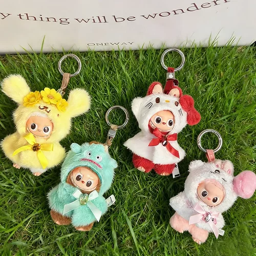 迷你版4.0LABUBU搪胶脸毛绒盲盒拉布布玩偶披肩挂件衣服小鼻嘎萌