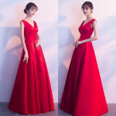 礼服女新款 宴会敬酒年会姐妹团端庄大气显瘦红色连衣裙伴娘服长裙