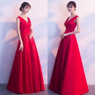 礼服女新款 宴会敬酒年会姐妹团端庄大气显瘦红色连衣裙伴娘服长裙