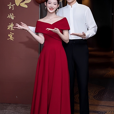 优雅一字肩A字裙长裙气质显瘦