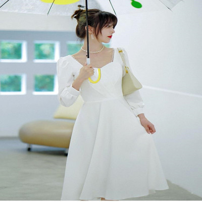 优雅方领长袖A字裙高级感礼服