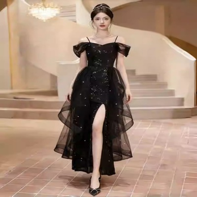 甜美吊带短袖鱼尾长裙显瘦开叉