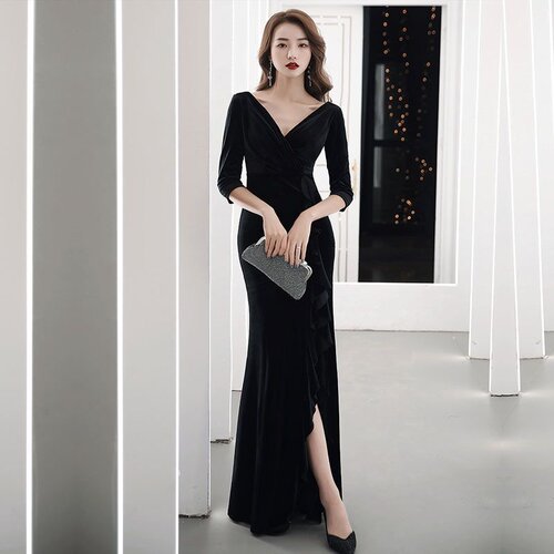 优雅鱼尾裙丝绒V领修身显瘦开叉