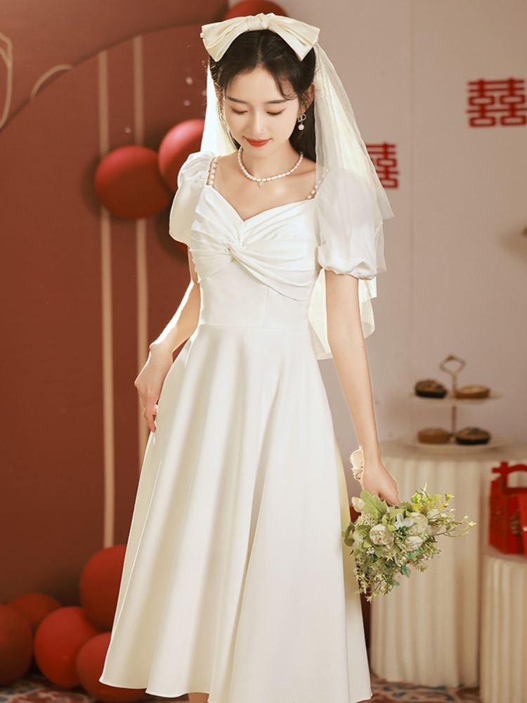 时尚方领短袖A字裙气质显瘦礼服