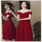 敬酒服新娘回门2026新款 高级感赫本红色订婚结婚吊带一字肩礼服女