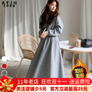 高端连帽长款 遮肚腩显瘦高腰连衣裙掐腰大摆裙 卫衣裙女加绒大码