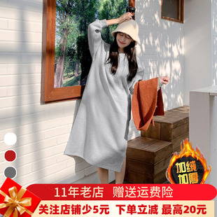 宽松显瘦bf慵懒风开叉连衣裙 套头休闲卫衣裙女加绒大码 冬季 中长款