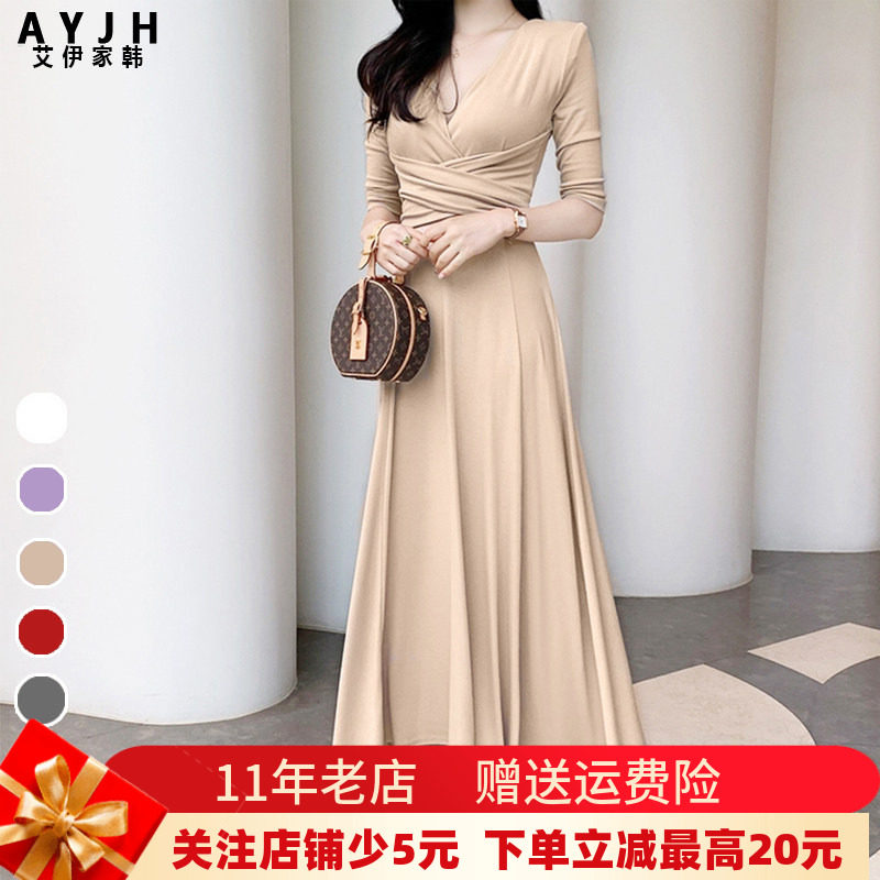 气质名媛高端杏色中袖腰间绑带套头莫代尔连衣裙女神范高级感长裙