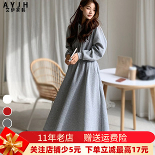 高端连帽长款卫衣裙女加绒大码遮肚腩显瘦高腰连衣裙掐腰大摆裙