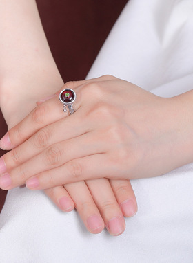 S925纯银蜜蜡血珀复古做旧福字钱币平安扣转动戒指旋转指环