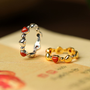 爱心925银女戒指几何线条复古新中式南红玛瑙民族极细风指环