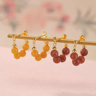 S925纯银镀金南红玛瑙蜜蜡气质百搭通勤简约圆珠银耳饰耳环