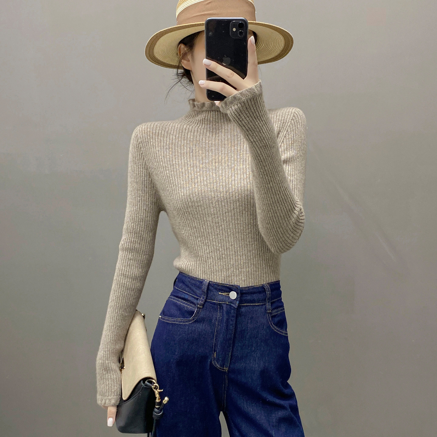 Z.M.R【木耳边】一线成衣软糯山羊绒衫女针织半高领修身打底毛衣