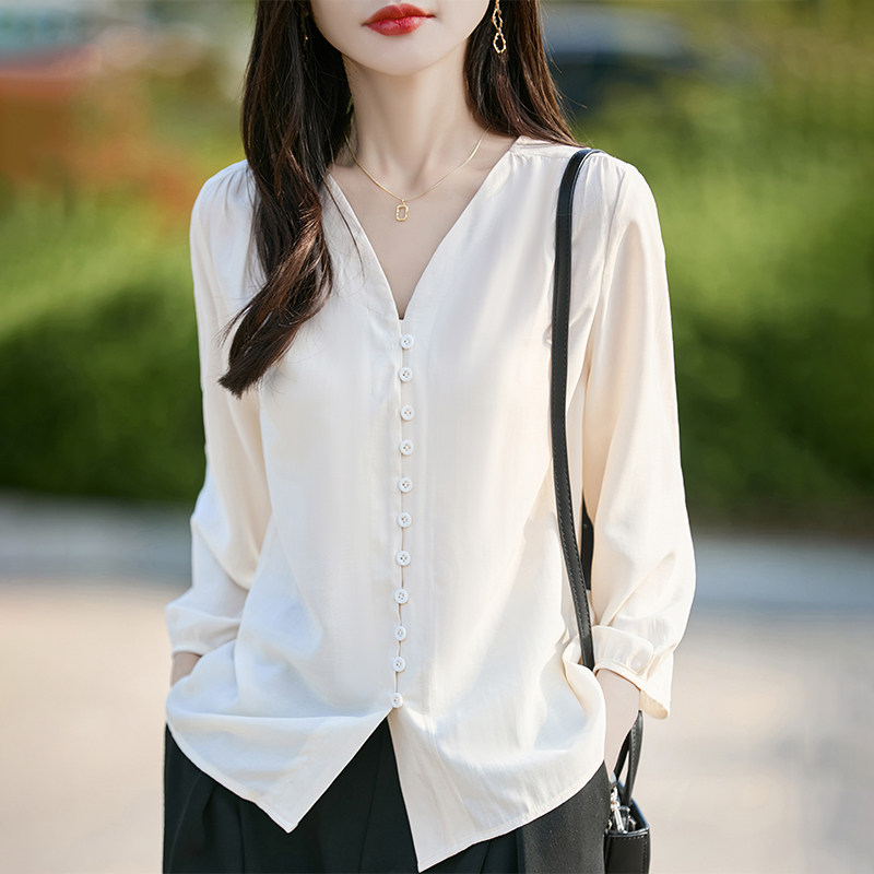 【云朵人棉】新款夏季V领七分袖衬衫女气质洋气百搭减龄舒适上衣