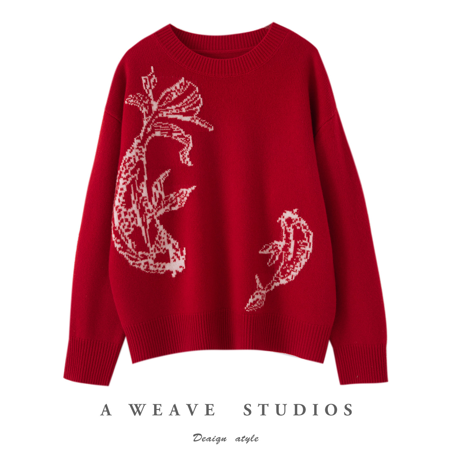 Z.M.R 年年有鱼 100%纯羊毛衫女提花针织衫软糯宽松红色节日毛衣