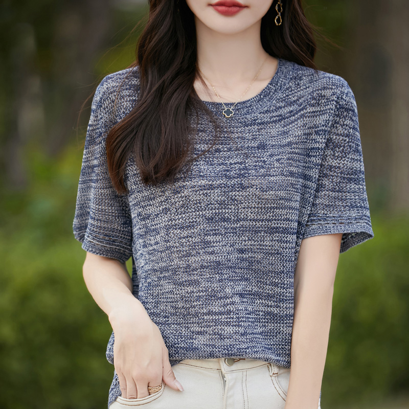 夏季新款花纱圆领针织短袖T恤女