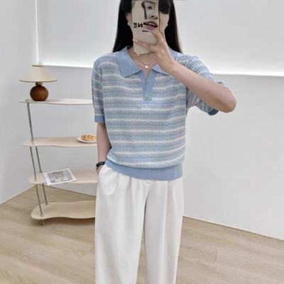 天丝针织衫翻领条纹宽松半袖上衣
