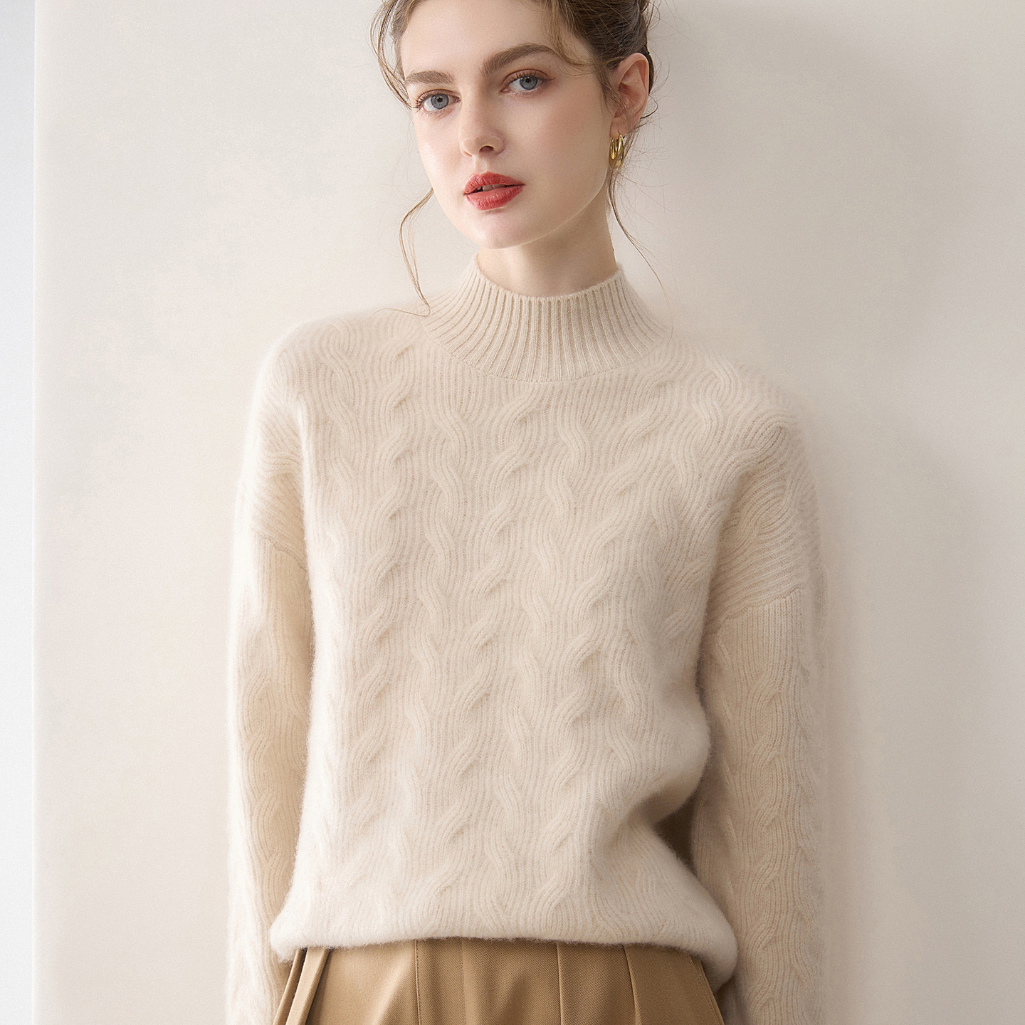 Z.M.R 复古老钱风 加厚100%纯山羊绒衫女针织半高领宽松绞花毛衣