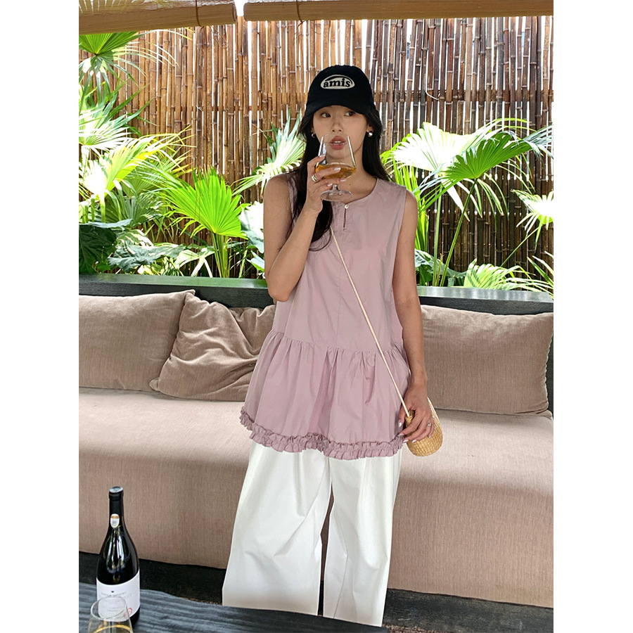 小7家 ins韩系小清新无袖衬衫夏季新款甜美木耳拼接圆领连衣裙女