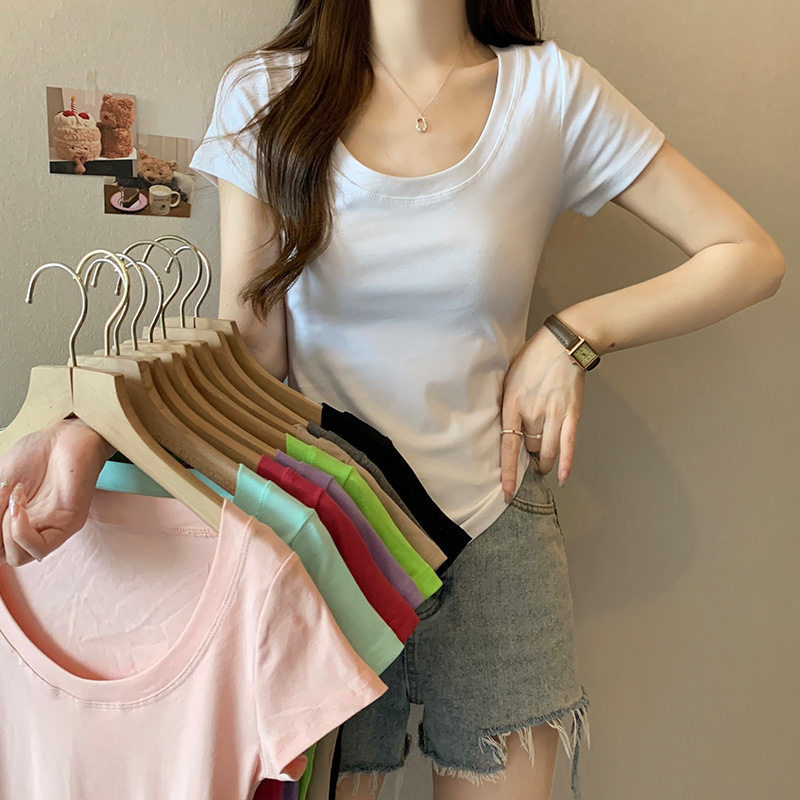 2026短袖t恤女ins修身夏季马卡龙色系锁骨心机纯欲辣妹短款上衣女