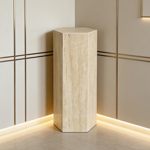 六边形天然洞石大理石装饰摆件设计师款创意石墩立柱底座高端定制