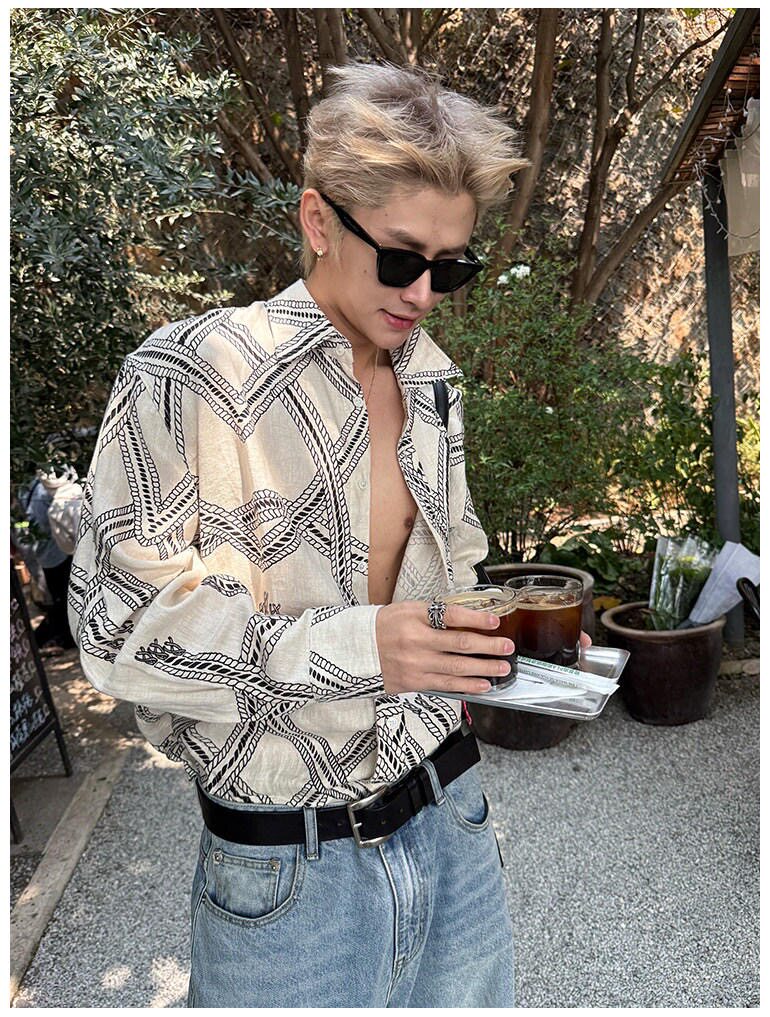美式复古图腾棉麻长袖衬衫男款夏季高级感宽松休闲上衣潮牌衬衣