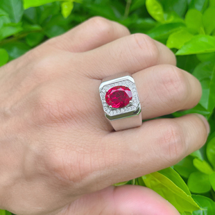18k白金红宝石戒指男款钻石镶嵌活口可调节铂金pt950男戒指送礼物