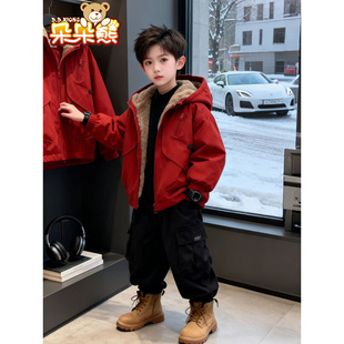 男童加绒加厚棉服冬冬装保暖外套新款儿童派克童装冬季红色新年款